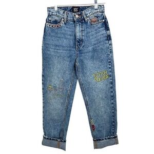 BDG Urban Outfitters High Rise Slim Straight Jeans Embroidered Stitch Please
